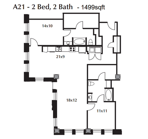 Floor plan for 2 beds, 2 baths, 1499 sqft